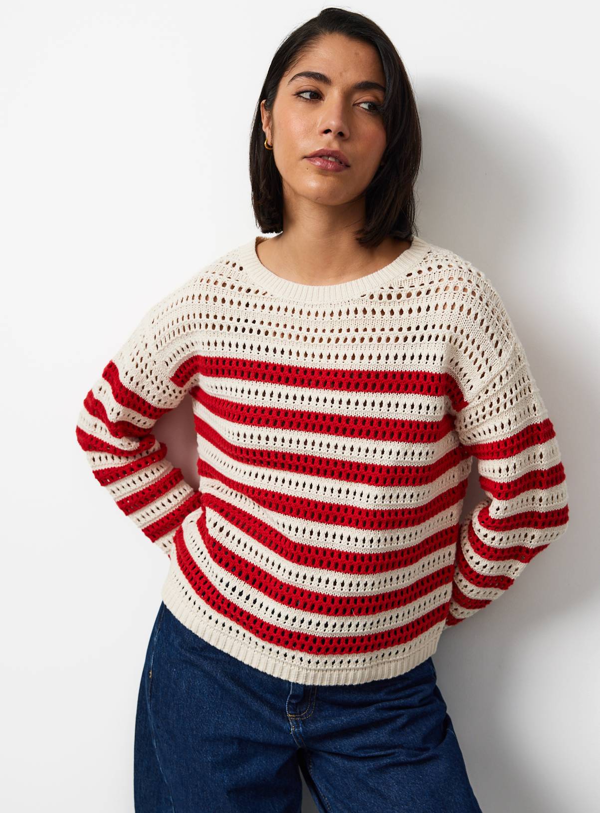 Red & White Stripe Airtex Cotton Crochet Knit Jumper L - Image 1